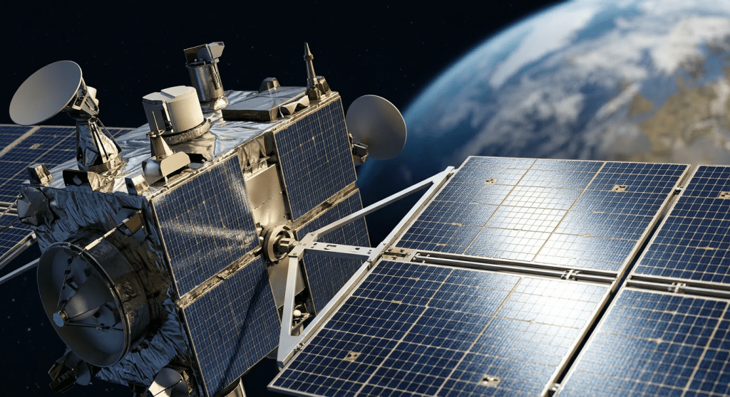 Satellite with extended solar panels orbiting Earth with sun in background