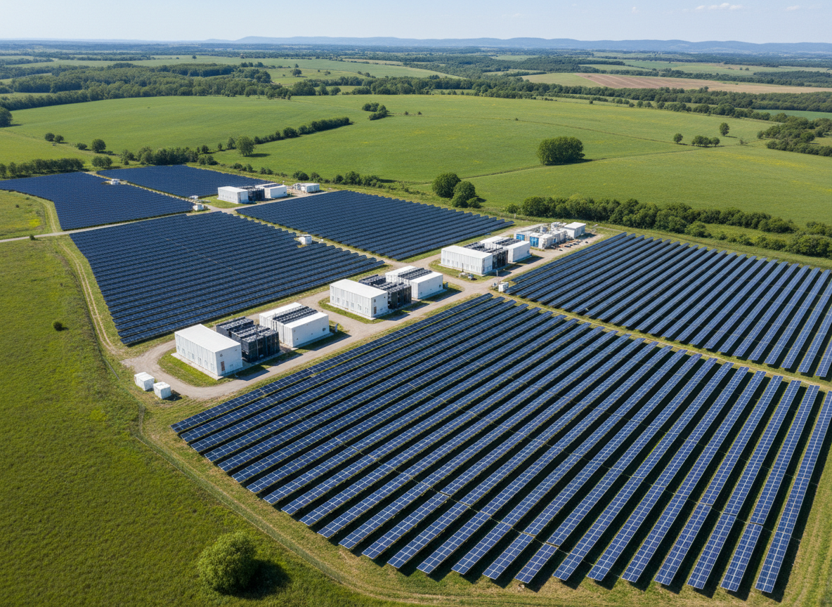 Ultra realistic 45-degree aerial view of a large solar farm with rows of solar panels and several industrial battery storage units, surrounded by lush green landscape, bright daylight, wide area view, ultra realistic photo quality